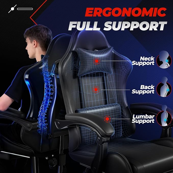 Auto Dynasty Ergonomic Gaming Chair High-Back Office Chair w/Adjustable Lumbar Support Linkage Armrest Headrest &amp Footrest 350LBS Recliner Swivel Computer Game Racing Chair Black
