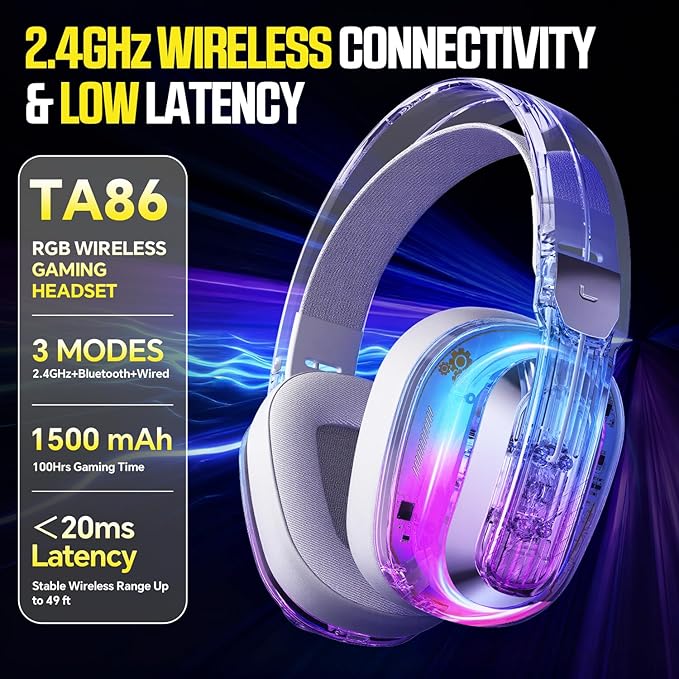 BENGOO Wireless Gaming Headset for PS5 PS4 PC Switch Mac 2.4GHz USB Over Ear Gaming Headphones with Crystal RGB Lights