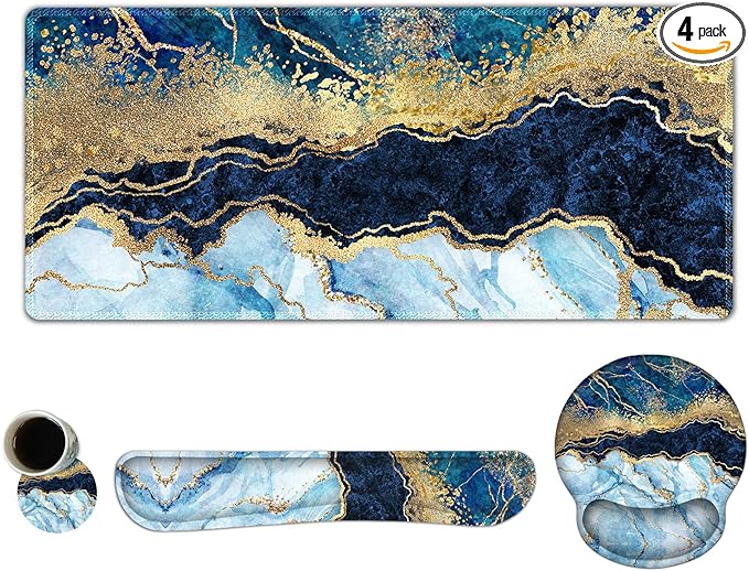 ARTSO Large Mouse Pad Ergonomic Keyboard Wrist Rest Support Set Memory Foam Gel Wrist Pad Extended Desk Mat Protector Non-Slip Desk Blotter Blue Marble