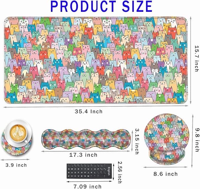 Mouse PadLarge Pink Desk Mat 4in1 XXL Mousepad + Keyboard Wrist Rest+Mouse Wrist Rest+Coaster Set with Ergonomic Desk Pad for Home Office Table Computer-Colorful Cats