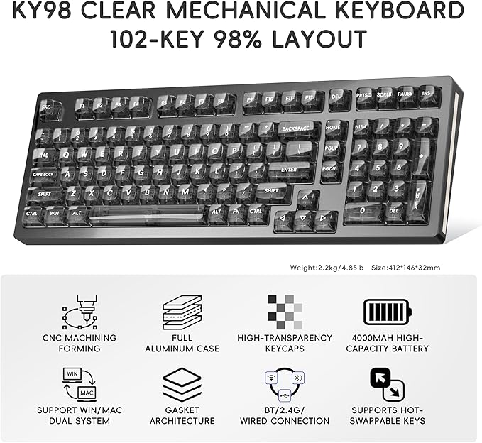 kutethy KY98 Wireless Mechanical Keyboard with Transparent KeycapsFull Aluminum CNCHot-swappablePre-lubed Linear SwitchesGasket StructureRGB BacklitOLED ScreenBT5.0/2.4G/USB-C Wired (Black)