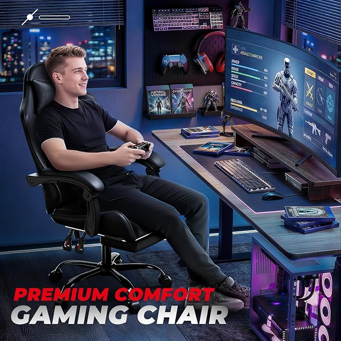 Auto Dynasty Ergonomic Gaming Chair High-Back Office Chair w/Adjustable Lumbar Support Linkage Armrest Headrest &amp Footrest 350LBS Recliner Swivel Computer Game Racing Chair Black