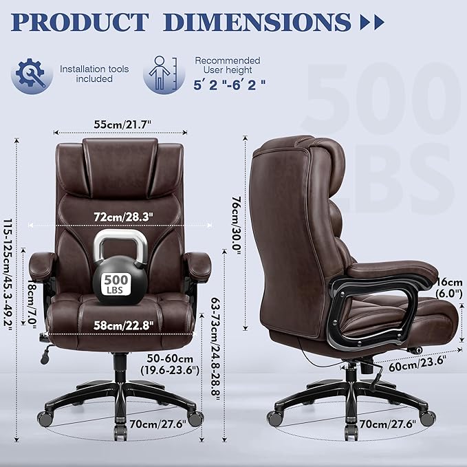 Office Chair Ergonomic Big and Tall 500lbs Computer Desk Chairs Heavy Duty Executive Breathable Leather Chair with Adjustable High Back Lumbar Support Swivel PC Chair