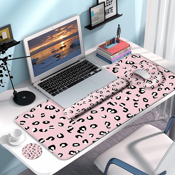Mouse Pad + Desk Mat + Keyboard Wrist Rest + Coaster 4 in 1 Set Cute Ergonomic Large Gaming Mousepad with Wrist Rest Support Desk Pad for Computer Laptop Office Home Decor-Pink Leopards