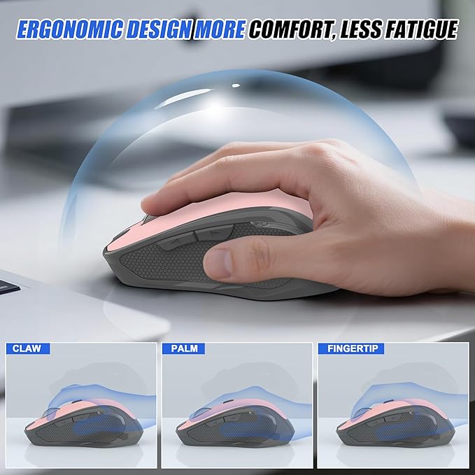 Bluetooth Wireless Mouse for Mac MacBook Air iPad Pro PC Ergonomic Rechargeable Computer Mouse with Jiggler Mode 3 DPI Levels &amp Forward/Back Buttons Laptop Mice for Office/Home/School Pink