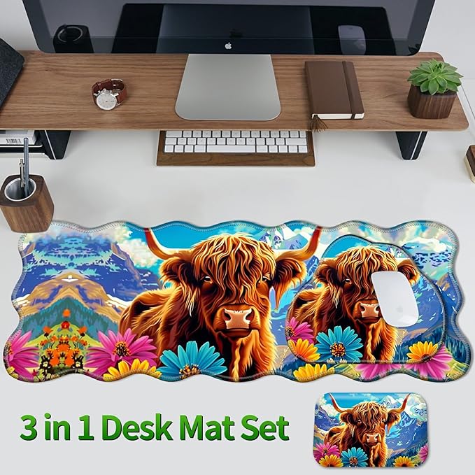 3-Piece Ergonomic Desk Mat &amp Cloud Wrist Rest Set Large 31.5 x 11.8 Wave Office Desk Pad with Memory Foam Support Non-Slip Computer Protector for Home Gaming Mountain Flower Cow