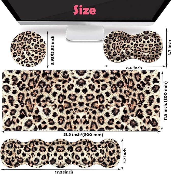 Large XXL Gaming Desk Mat 31.5x 11.8 Ergonomic Keyboard Wrist Rest &amp Mouse Pad Wrist Rest + Coaster Set Non-Slip Base Memory Foam Office and Home Leopard Print
