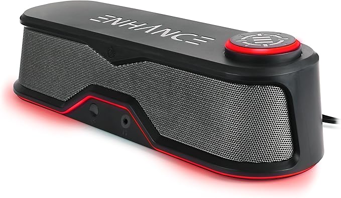 ENHANCE SB1 High Excursion Computer Soundbar - USB Powered Computer Speaker Under Monitor Speaker with 10W Peak LED Volume Control Knob Headset Pass Through Gaming Soundbar for PC
