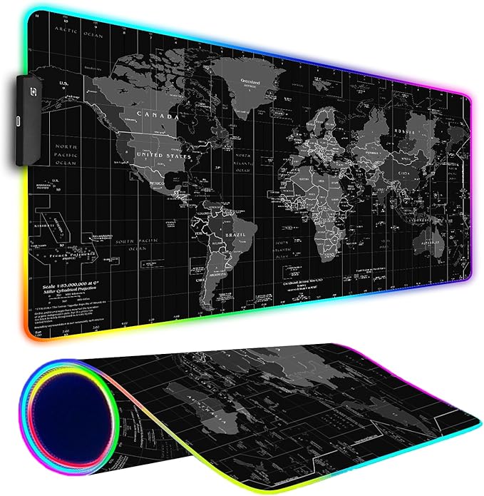 RGB Gaming Mouse Pad Large Mousepad with Led Light Gaming Accessories Keyboard Pad for Desk Non-Slip Rubber Base Big Mouse Mat for Gamer 31.5 X 11.8 Inch Black World Map