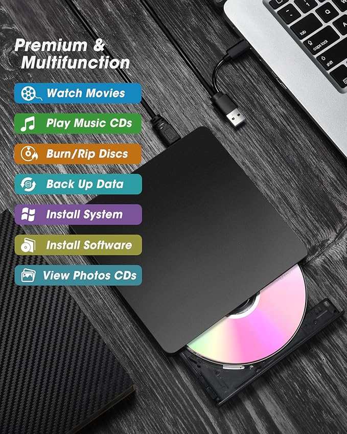 ROOFULL External CD/DVD Drive USB 3.0 &amp USB-C Ultra-Slim 0.5 High-Speed CD DVD Player Burner Reader Writer for Laptop Windows 11/10 Mac MacBook Linux OS
