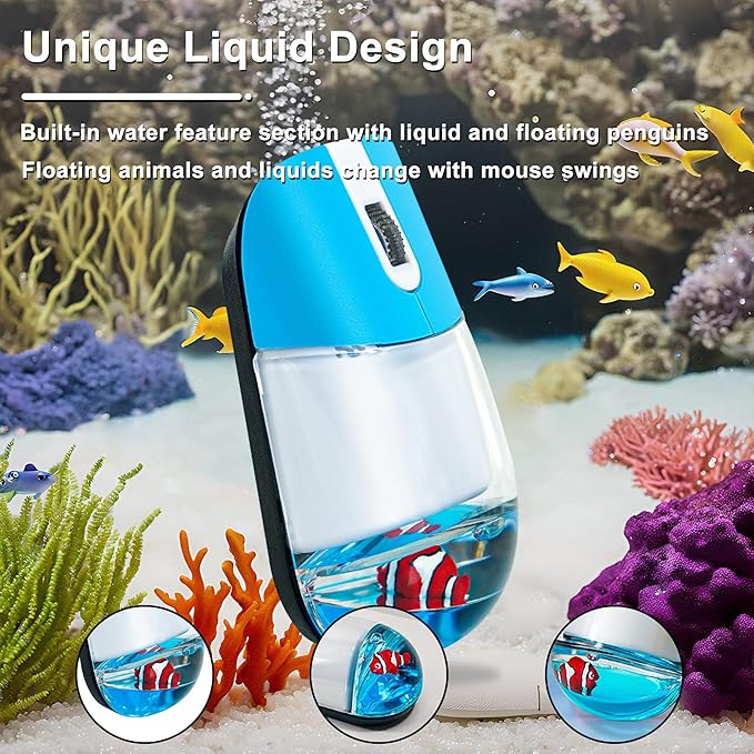 Wireless Mouse with Liquid Water Section &amp Floater Animal Portable Retro Silent Cute Aqua Mouse with USB Receiver Lightweight 1000DPI Optical Clear Water Mice for Laptop PC Computer (Blue Clownfi