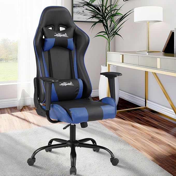 BLKMTY Gaming Chair Office Chairs High Back Computer Leather Desk Chair Racing Executive Ergonomic Adjustable Swivel Task Chairs with Headrest and Lumbar Support Blue