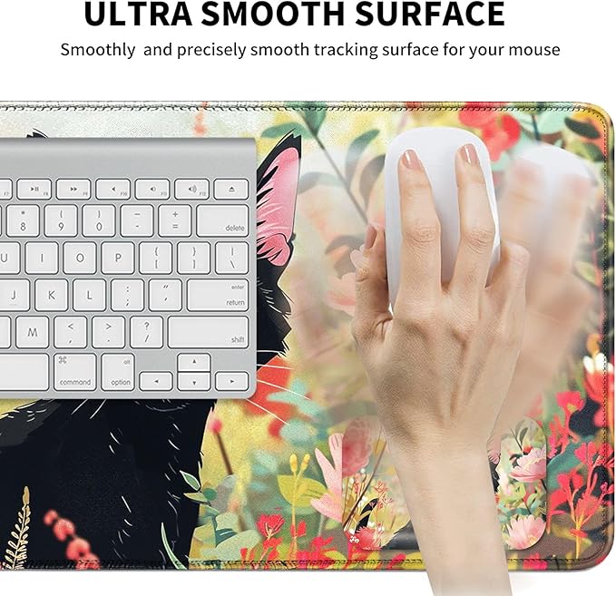 Mouse Pad Desk Mat Ergonomic Wrist Support Pad SetMouse Wrist Rest Keyboard Pad with Stitched Edges and Non Slip Base-Black Cat Pink Flowers Cartoon