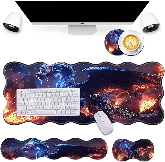 Bxgolkgd Desk Mat SetMouse Pad with Keyboard Wrist Rest &amp Mouse Wrist RestWave-Shaped DesignNon-Slip Rubber BaseErgonomic Desk Mat for HomeOfficeGamingDragon