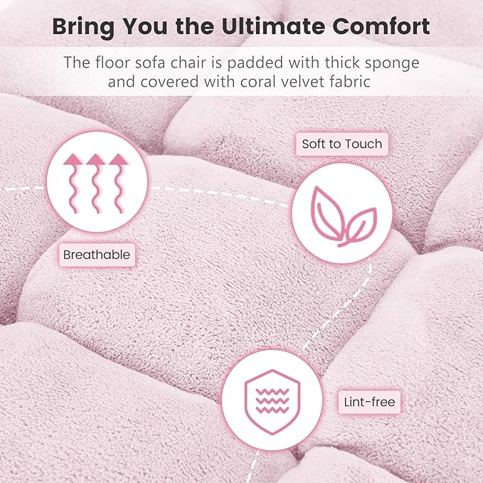 MAT EXPERT Floor Chair with Back Support Floor Gaming Chair w/ 14 Adjustable Position Soft Coral Fleece&ampAlloy Steel Frame Foldable Padded Lazy Couch Recliner for Meditating (Pale Pink Large)