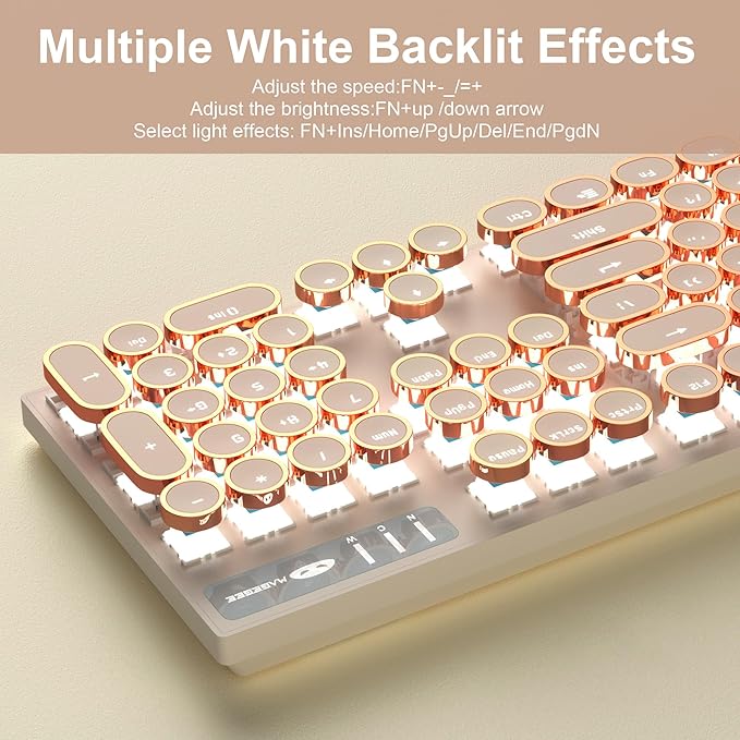 MageGee Typewriter Mechanical Gaming Keyboard Retro Punk Creamy Round Keycaps 104 Keys LED White Backlit Wired Keyboards for Laptop MAC PC Gamer with Magnetic Wrist Rest Blue Switch