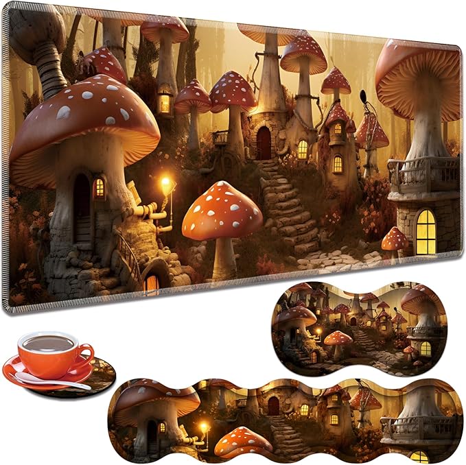 Large Gaming Table Pad 31.5 x 11.8 + Keyboard Wrist Pad + Mouse Wrist Pad + Coaster Non-Slip Base 4-in-1 Set Ergonomic Memory Foam Easy Typing Pain Relief Enchanting Mushroom Houses