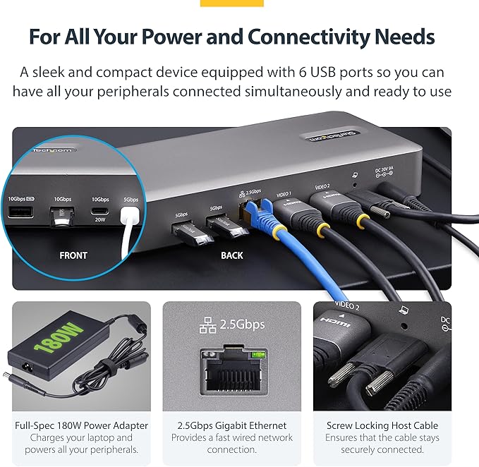 StarTech.com USB-C Docking Station (10-in-1 USB4) Up to 100W Charging for Laptop 40Gbps Data Transfer 2.5Gb Ethernet Single 8K Dual 4K Display 6X USB (Not MacOS Compatible)