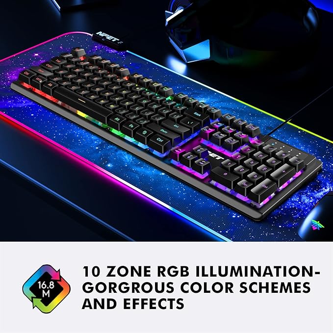 NPET K10 Wired Gaming Keyboard LED Backlit Spill-Resistant Design Multimedia Keys Quiet Silent USB Membrane Keyboard for Desktop Computer PC (Black)
