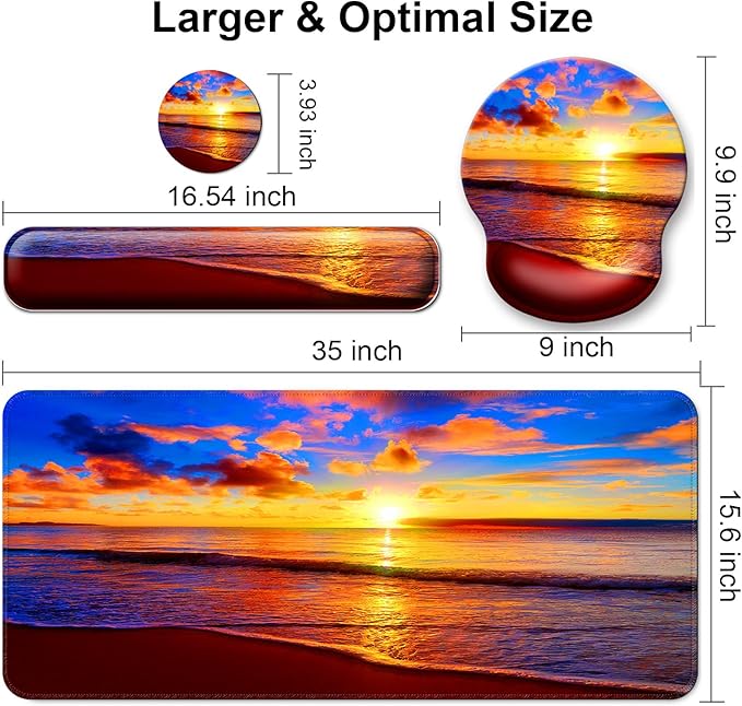 Mouse Pad + Desk Mat + Keyboard Wrist Rest + Coaster 4 in 1 Set Cute Ergonomic Large Gaming Mousepad with Wrist Rest Support Desk Pad for Computer Laptop Office Home Decor-Sunset Beach