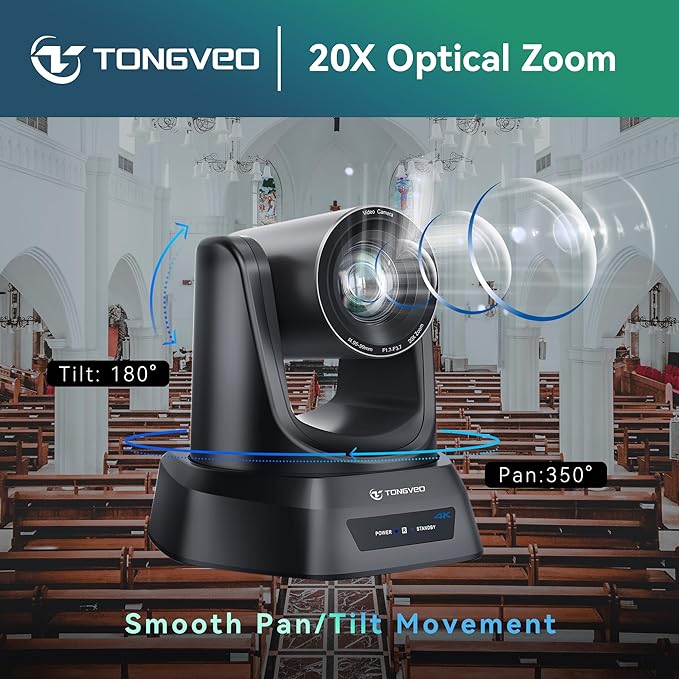 TONGVEO 4K AI PTZ Camera with Auto Tracking and 20X Optical Zoom Conference Room Webcam with HDMI/USB3.0/LAN/PoE Ideal for Church Worship Zoom Meetings Live Streaming and Education