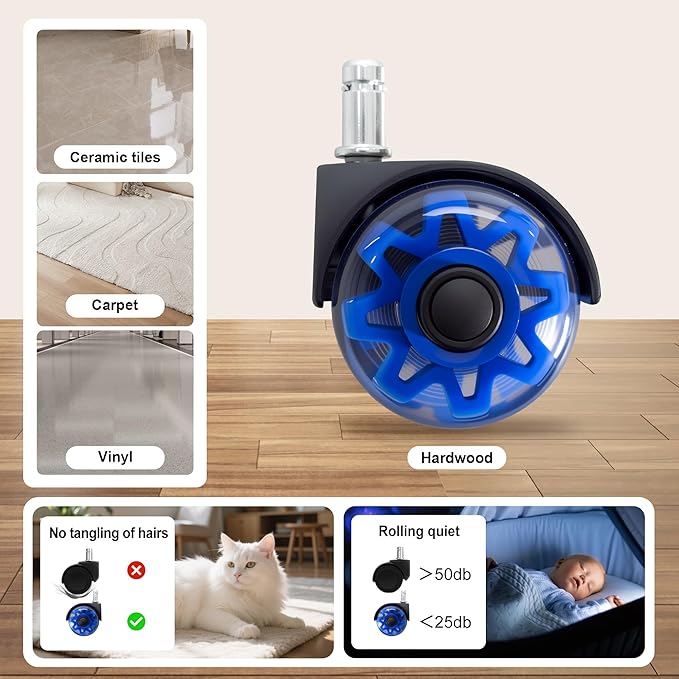 Frassie Nylon Gaming Chair Base Replacement Set with Bottom Plate Mechanism Gas Cylinder 5 Dual Rubber Wheels (Blue)