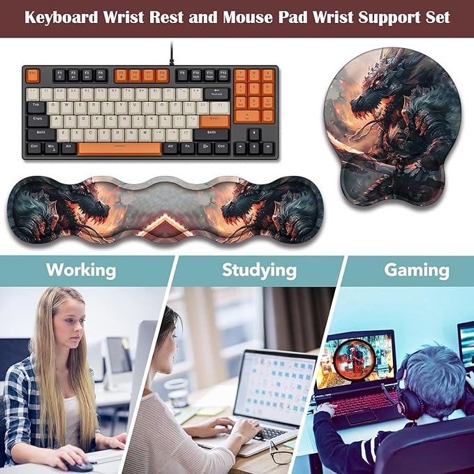 Keyboard Wrist Rest and Mouse Pad Wrist Support with Lace-Shaped Coaster Set Ergonomic Gel Memory Foam and Anti-Slip Base Easy Typing and Pain Relief - Draco Warrior