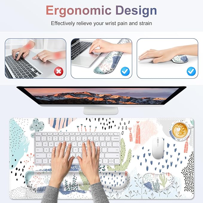 Large Gaming Mouse Pad Set 4 in 1 Extended Keyboard Desk Mat with Wrist Rest PC Computer Game Mousepad Set Non-Slip Desk Pad Protector Easy Typing Pain Relief for Home Office I Cactus Plants