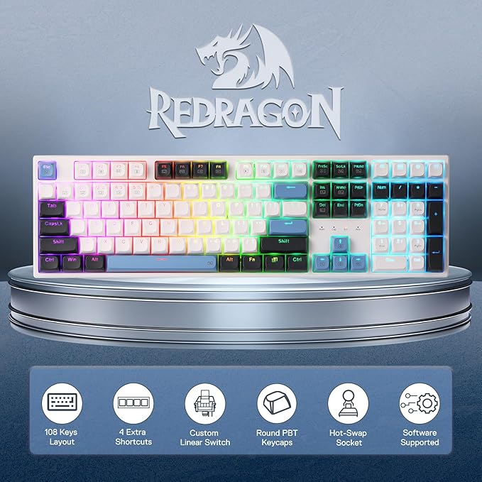 Redragon K668 Wired Gasket RGB Gaming Keyboard 108 Keys Mechanical Keyboard w/Extra 4 Hotkeys Upgraded Hot-swappable Socket Sound Absorbing Foam Mixed Color Keycaps Custom Linear Switch