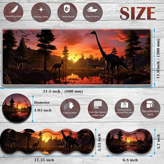 Gaming Mouse Pad Set Large Gaming Mouse Pad+Keyboard Wrist Rest+Mouse Wrist Rest+Coaster Easy Typing Pain Relief 31.5 × 11.8 inch Desk Mat for Home Office - Dinosaur Forest at Sunset