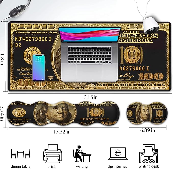 Gaming Mouse Pad and Keyboard Wrist Rest Large Extended Mouse Pad 31.5X 11.8Ergonomic Memory Foam Wrist Rest + Desk Mat Protectorfor Office/Home Writing Pad Black Gold Dollars/Bills Mousepad