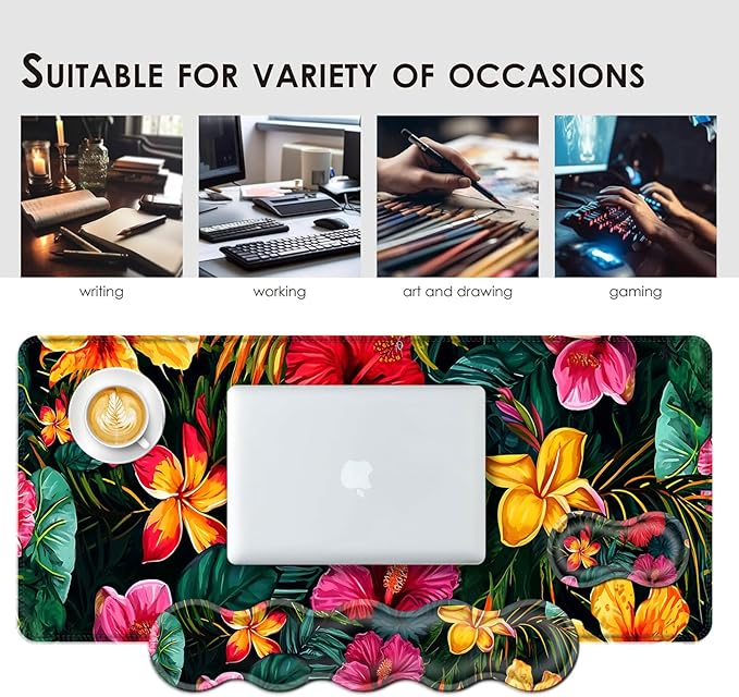 Large Keyboard Mouse Pad Set Extended Mouse Pad+Keyboard Wrist Rest Support Memory Foam Ergonomic Easy Typing 4Pcs (31.5×11.8 in) Desk Pad Set for Office HomeVibrant Tropical Flower