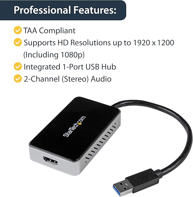 StarTech.com USB 3.0 to HDMI Adapter w/ 1x USB HDMI Monitor Converter for Windows TAA (no support for macOS/ChromeOS/Linux)