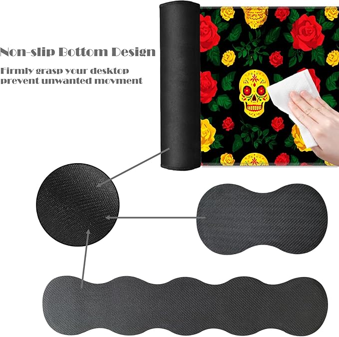 Ergonomic Keyboard Wrist Rest &amp Mouse Pad Wrist Rest SetXL Gaming Desk Mat 31.5x 11.8Non-Slip BaseMemory FoamEasy Typing Pain Relief for Office &amp HomeSugar Skull and Roses