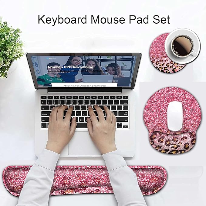 Ergonomic Mouse Pad Gel Wrist Support and Memory Foam Keyboard Wrist Rest Set for Gaming Computer Office Laptop Easy Typing Wireless Mouse Mat Pink Glitter Leopard Pattern Office Desk Pad