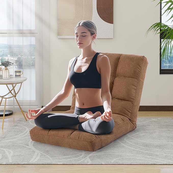 Floor Chair 24 inches Wide Oversized Velvet Armless Lay Flat Floor seat Padded Meditation Chair with 6 Adjustable Position Ergonomic Comfortable Convenient (Casual LRSF-006-TAN)