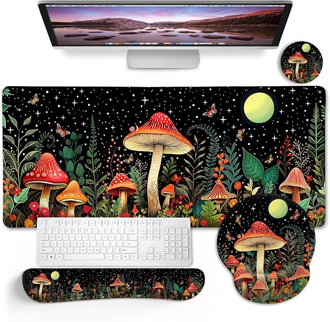 Blusabaca Mushroom Mouse Pad Funny Cute Desk Mat Large Gaming Mouse Pad with Wrist Rest Keyboard Pad Wrist Rest Ergonomic Cup Coaster Work Home Desk Accessories Office Supplies