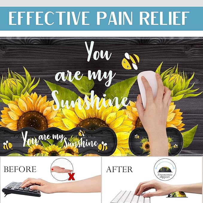 4 in 1 Mouse Pad Combo Large Gaming Mouse Pad + Keyboard Wrist Support + Mouse Wrist Rest + Coaster Table Pad with Stitched Edge Ergonomic Wrist Pad Set Sunflower You are My Sunshine