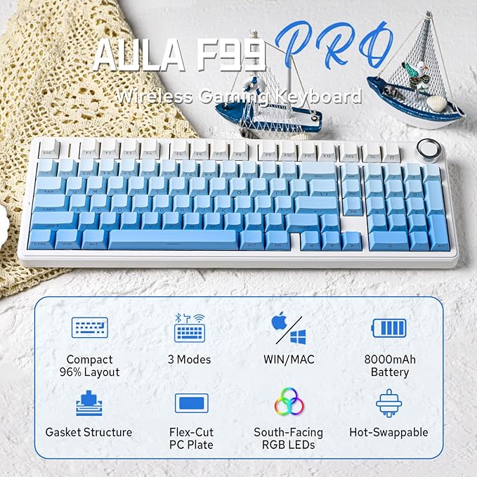 MechLands Aula F99 PRO 96% Mechanical Gaming Keyboard BT5.0/USB-C/2.4GHz Wireless Hot Swappable Gasket Custom Keyboard with 8000mAH Battery Rotary Knob RGB Backlit for Win/Mac (Blue)