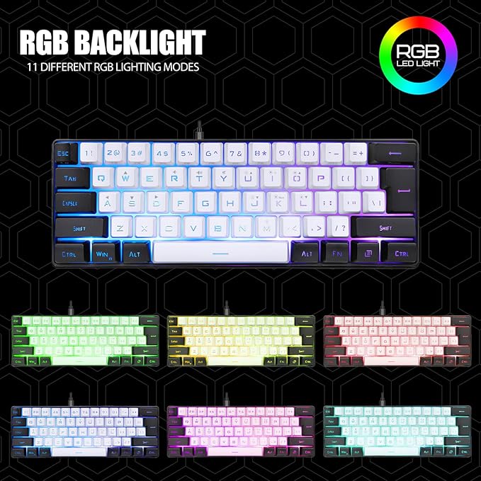 ZJchao Gaming Keyboard Mini RGB Keyboard LED Backlight 61 Keys Mechanical Feeling Wired Gaming Keyboard Keyboard Mechanical Keyboard with Type C Interface for Office Business (White)
