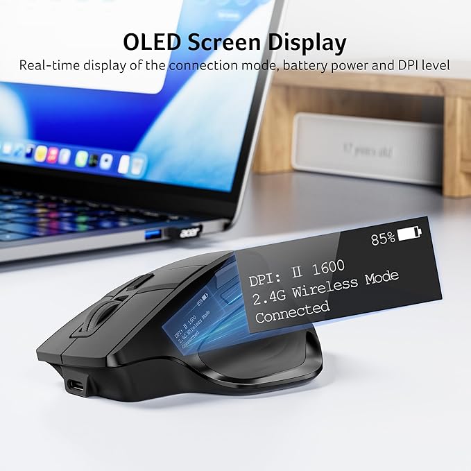 acer Wireless Mouse for Laptop Bluetooth Computer Mouse Ergonomic for 4 Devices(2.4Ghz+BT 5.2+Wired) OLED Screen Rechargeable Mice 5 Programmable Buttons 4000 DPI for MacBook PC Desktop