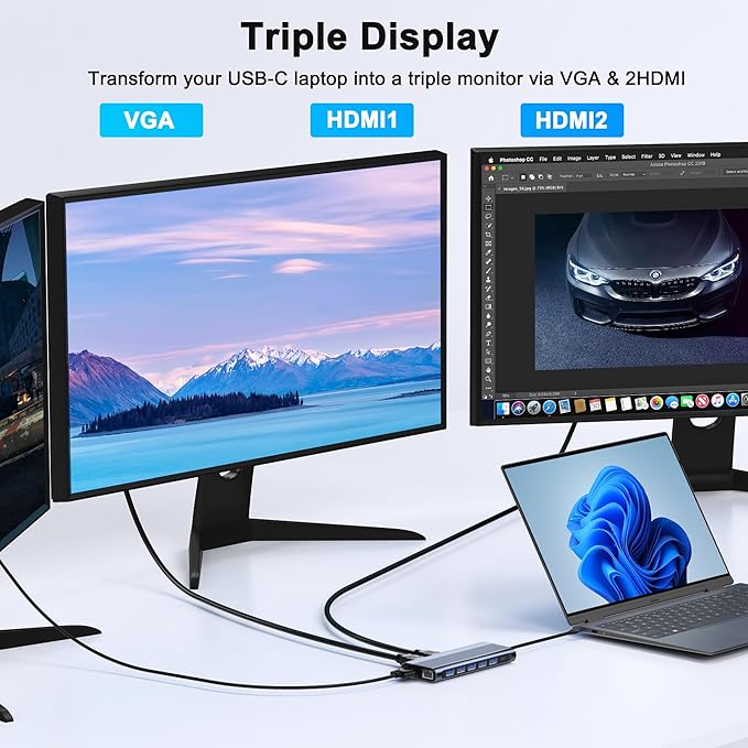 USB C Docking Station Dual Monitor for Dell/HP/Lenovo/Mac Laptop Dual HDMI Adapter for 2 Monitors 14 in 1 Laptop Docking Station Dual Monitor with 10Gbps USB/HDMI/VGA/PD/Ethernet/SD/TF/Audio/Mic