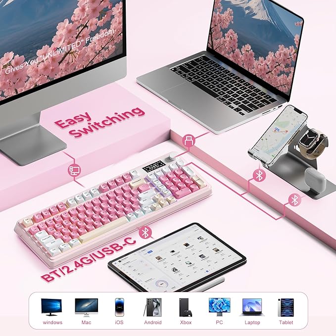 AULA S99pro Wireless Gaming Keyboard Tri-Mode Computer Keyboard with Number Pad RGB Backlit Media Knob Programmable Creamy Keyboard - Pink