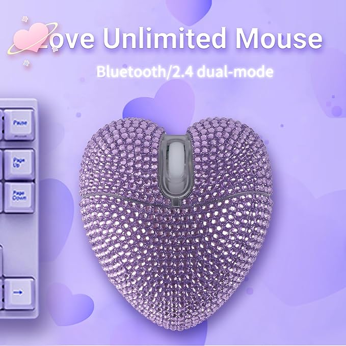 elec Space Stylish Heart-Shaped Wireless Bluetooth Mouse – Rechargeable Silent RGB Light and Perfect for Laptop &amp PC (Purple)