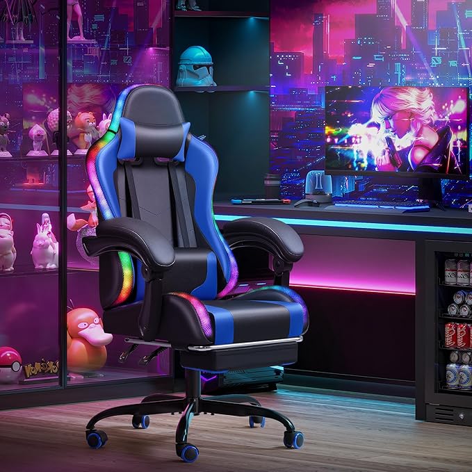 Homall Gaming Chair Video Game Chair with Footrest and Massage Lumbar Support Ergonomic Computer Chair Height Adjustable with Swivel Seat and Headrest (RGB Blue)
