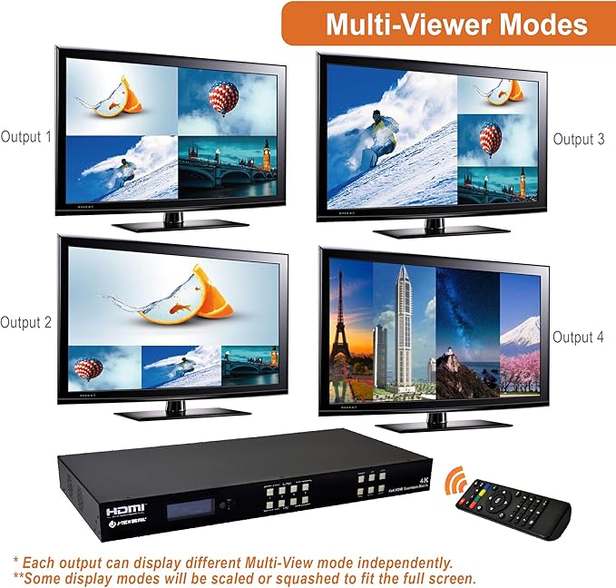J-Tech Digital 4k 2x2 4K60Hz HDMI Video Wall Controller Multiviewer Seamless Switch Matrix | 4K60Hz Input and 4K30Hz Output Supports HDMI HDCP RS-232 LAN Downscale &amp Upscale Web Control