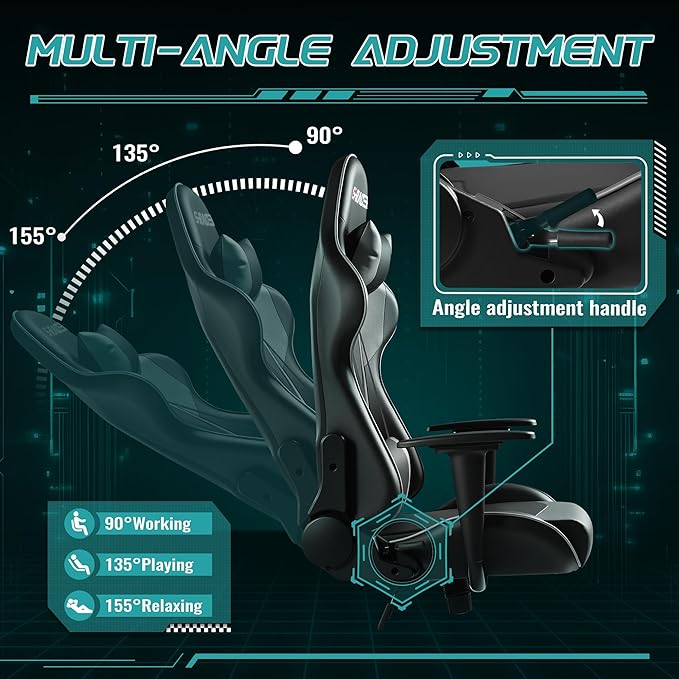 Furniwell Gaming Chair Racing Computer Chair Office Desk Chair Adjustable Swivel High Back Carbon Fiber Style Leather Executive Ergonomic Chair with Headrest and Lumbar Support (Grey)