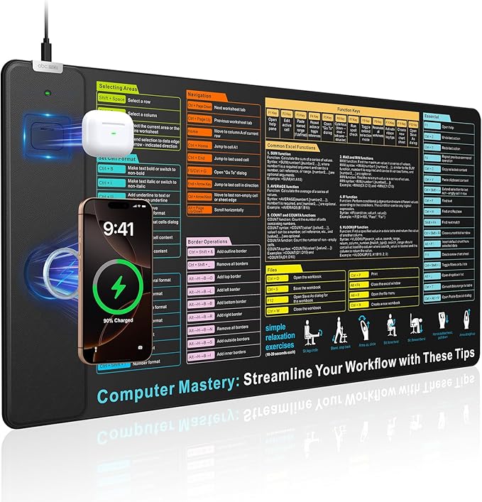 Wireless Charging Mouse Pad with Excel Formulas Shortcuts 31.5x15.8 Extra Large Office Spreadsheet Cheat Sheet Desk Mat Waterproof Ultra-Smooth Surface Non-Slip Base