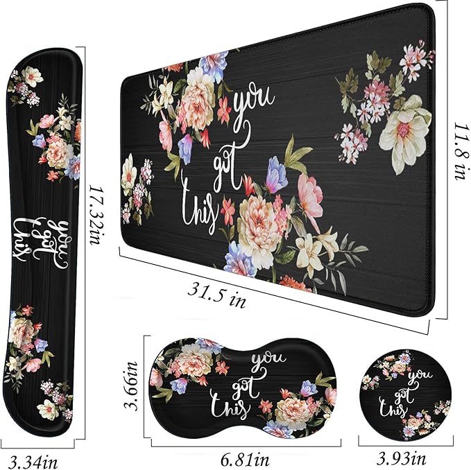 Mouse Pad Set(31.5×11.8 in) Desk Pad + Keyboard Wrist Rest Support + Mouse Wrist Rest + Coaster for OfficeHomeComputerLaptop - 4 Motiavation Quote You Got This
