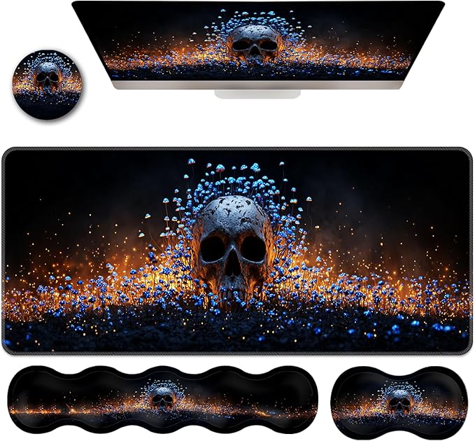 Ergonomic Keyboard Wrist Rest &amp Mouse Pad Wrist Rest SetXL Gaming Desk Mat 31.5x 11.8Non-Slip BaseMemory FoamEasy Typing Pain Relief for Office &amp HomeSkull and Blue Mushrooms